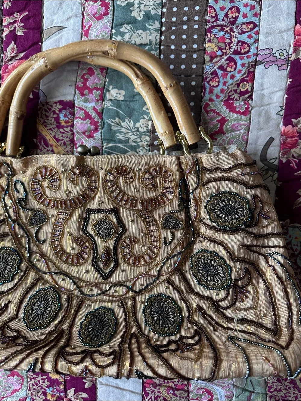 Vintage Embellished Bamboo-Handle Shoulder Bag in Beige